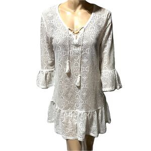 Miken Swim Cover Up Dress Size L Large Lace Up Neck Tassels White NWT